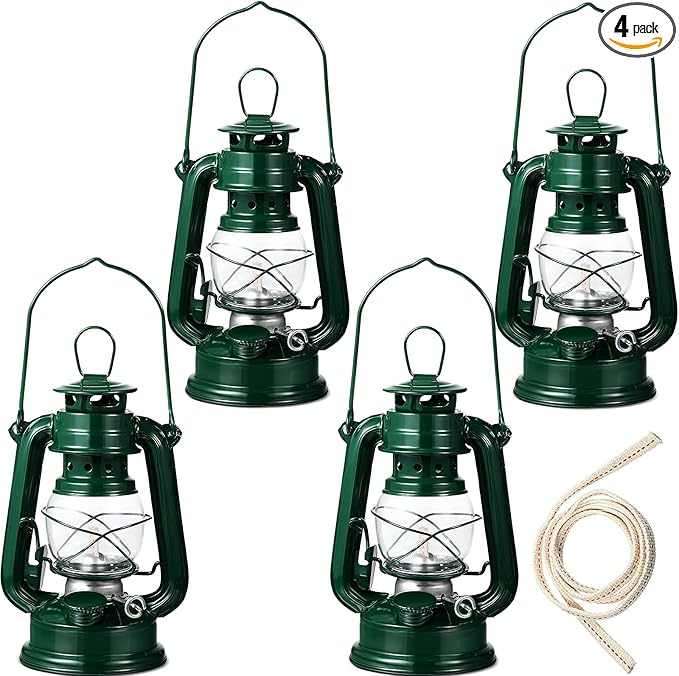 Honoson 4 Pieces Oil Lamp Hurricane Lamp Kerosene Lantern for Indoor Outdoors Decorative Hanging Oil Lantern with Wick for Hiking Emergency Camping Party Decoration (Green,8 Inch)