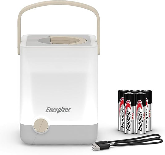 Energizer LightxPower Cube Camping Lantern, X1000 Lantern Dual Power Rechargeable and AA Battery, IPX4 Water Resistant