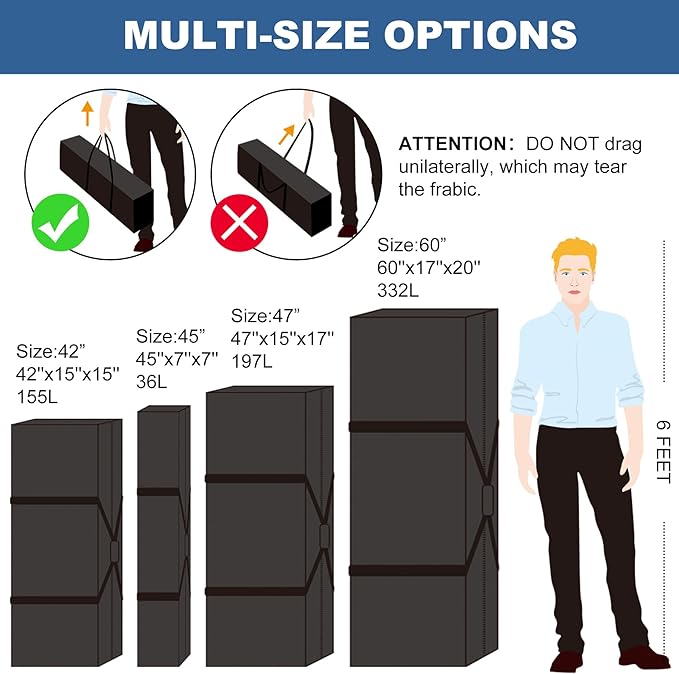 COOLBEBE 45Inches Tripod Carrying Case Bag Water Resistant Long Duffle Bag, Extra Large Zipper Foldable Storage Bag for Fishing Pole, Tripod, Tent, Umbrella (45inch, Black)