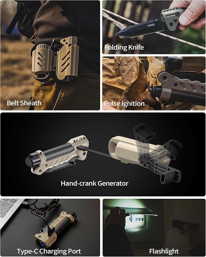 VIPERADE VAK6 Survival Multitool with Folding Knife, LED Flashlight, Pulse Ignition and Hand Crank Generator, Camping Multitool Knife Rechargeable Flashlight with Belt Sheath (Black)