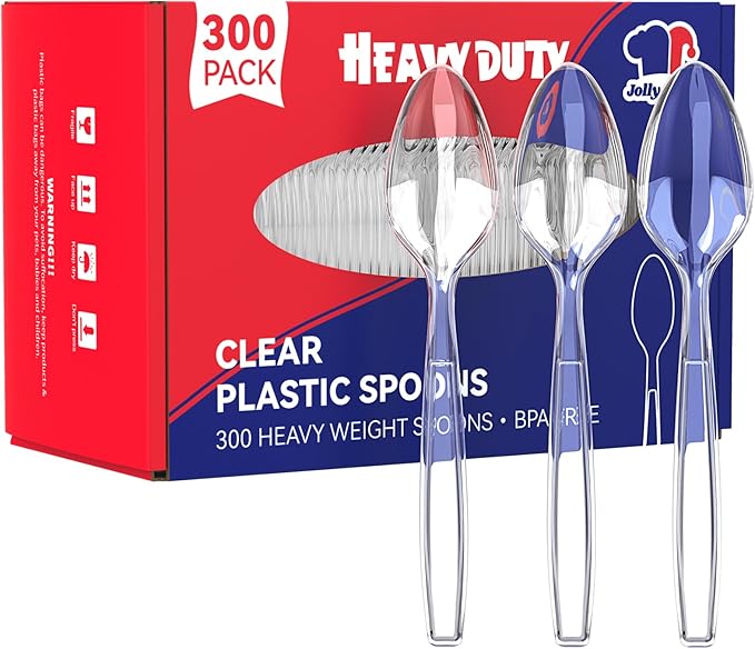 JOLLY CHEF 300 Count Clear Plastic Teaspoons Heavy Duty, 6.54" Heat Resistant Solid and Durable Plastic Teaspoons Disposable, Disposable Bulk Cutlery Perfect for Parties Supply Events Everyday Use