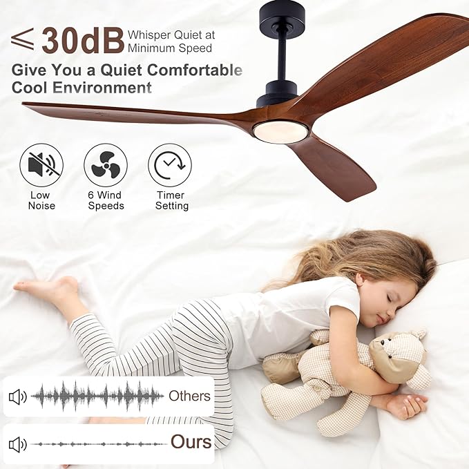60" Wood Ceiling Fan with Lights Remote Control,Quiet DC Motor 3 Blade Ceiling Fans for Patio Living Room, Bedroom, Office,Indoor Outdoor(Black+Walnut)