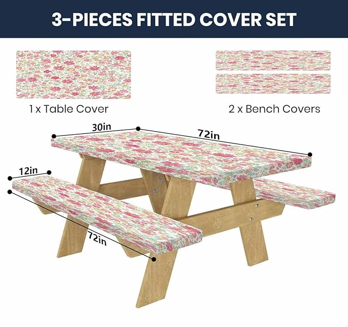 CAPSCEOLL Picnic Table Cover with Bench Covers Waterproof Camping Tablecloth Elastic Table Protector with Drawstring Bag for Camping Essentials, 72X30in, Pink Flowers