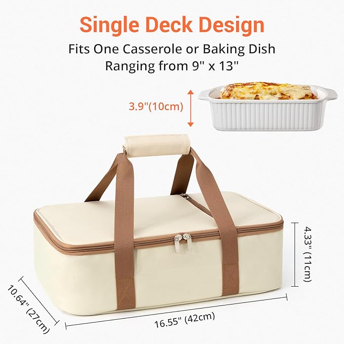 Insulated Casserole Carrier for Hot or Cold Food,Pie Carrier Bag Lunch Tote for Potluck Parties/Picnic/Cookouts, Fits 9"x13" Baking Dish,Single Beige