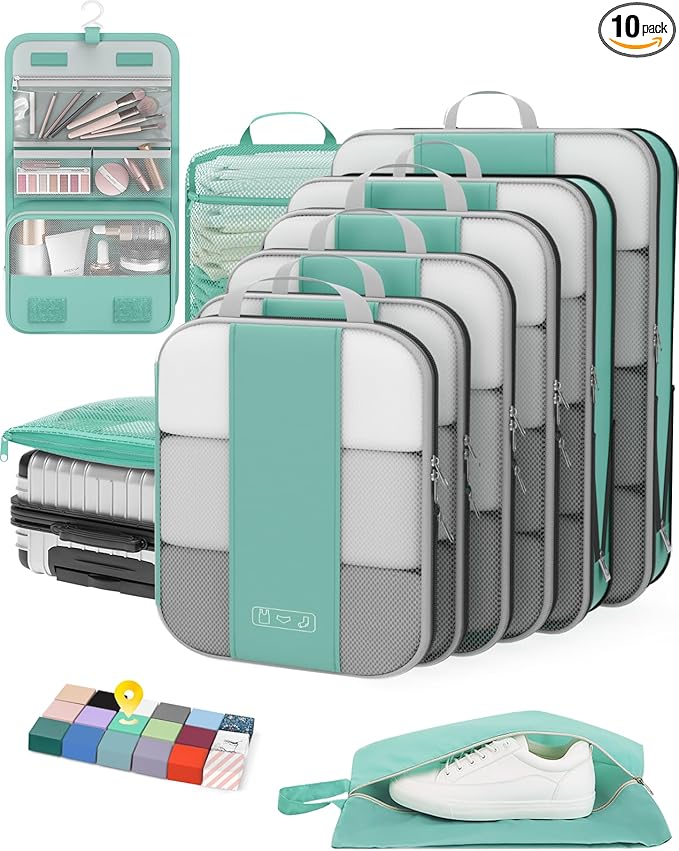 10 Set Compression Packing Cubes for Travel Essentials,Compressible Expandable Packing Cubes for Suitcase,OlarHike Luggage Organizer Bags for Travel,Handy Helper for Organizing Clothes(New Blue Green)