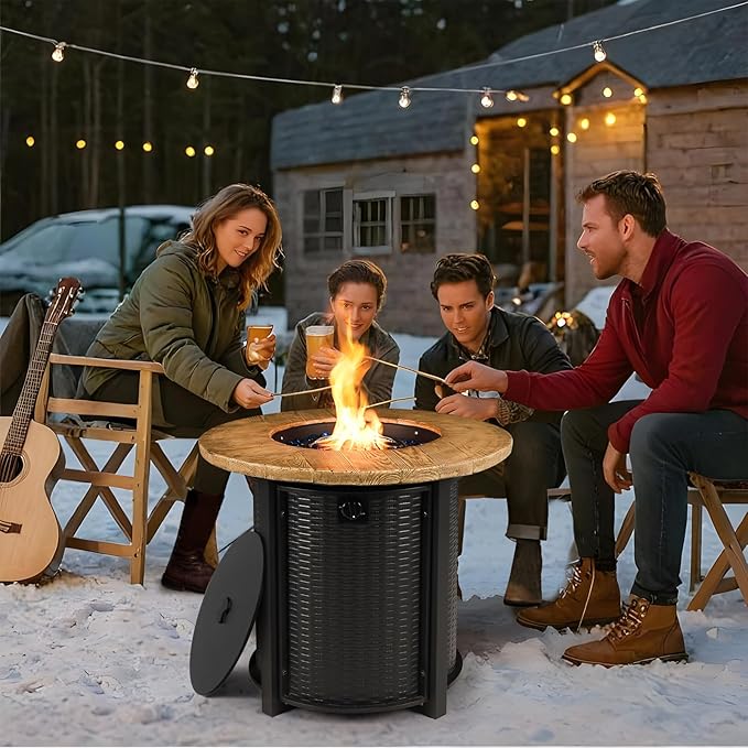 30 Inch Round Propane Fire Pit,50,000 BTU Iron Gas Firepit with Ignition Systems, w/Lid, Glass Stones,Outdoor Fire Table for Outside Patio,Deck-Black