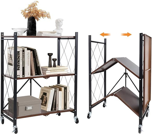 3 Tier Vintage Multifunctional Folding Shelf with Wheels, Portable Heavy Duty Storage Shelving, No-Assembly Folding Bookshelf, Metal Collapsible Rack Unit for Kitchen, Office, Bedroom, Rustic Brown