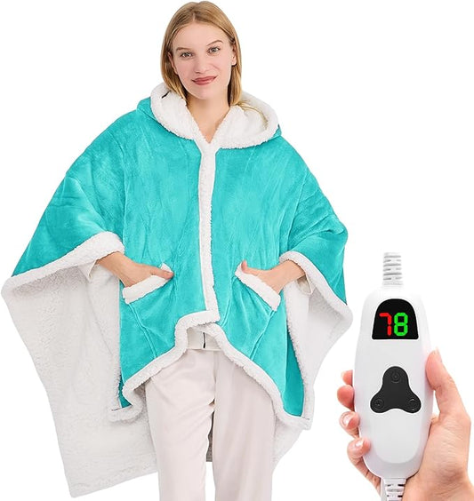 greenoak Wearable Heated Throw Blanket Electric Shawl - Heated Robe Poncho Blanket Hoodie for Adult, Winter Gifts for Mom Women Girlfriend Grandma 5-Position Timer 10-Heating Levels.Turquoise