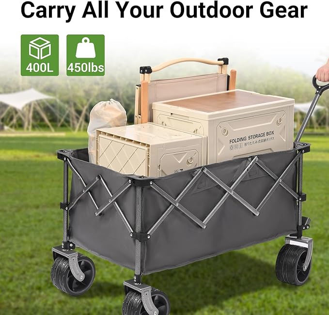 400L Heavy Duty Folding Wagon Cart-450LBS Capacity All-Terrain Beach Cart with Big Wheels & Drink Holders-Push/Pull Utility Cart for Groceries, Camping, Sports, Shopping (Grey)