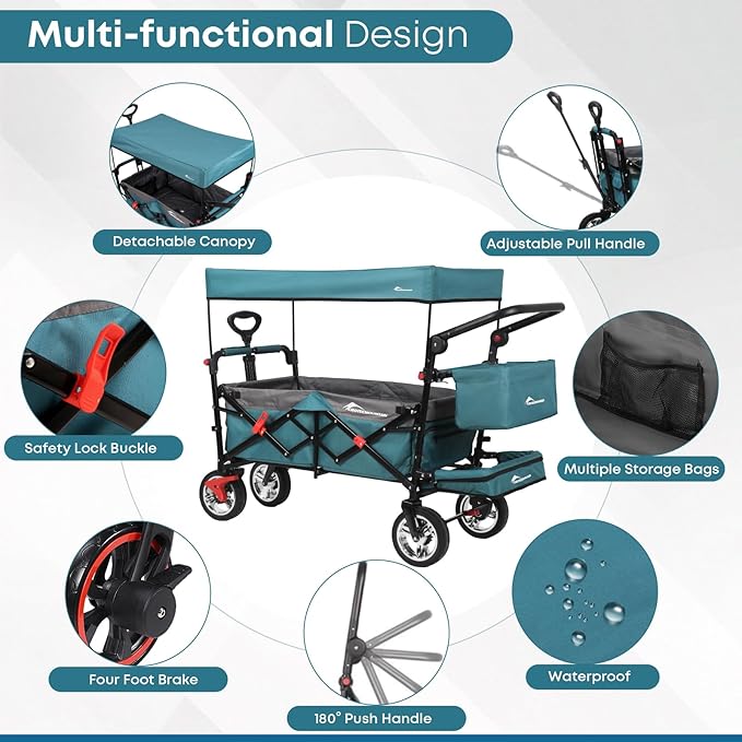 Collapsible Wagon with Canopy,330lbs Cart, Collapsible Foldable Garden Cart- with Adjustable Push Pulling Handles Outdoor Utility Wagon for Beach Garden Camping, Blue