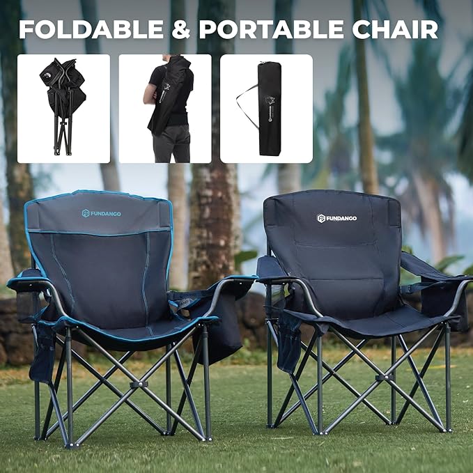 FUNDANGO Oversized Camping Chair for Adults, Heavy Duty Portable Foldable Lawn Chair with Padded Seat & Back, Lumbar Support, 4-can Cooler & Cup Holder, Carry Bag Included for Outdoor (Black)