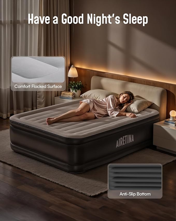 Airefina Queen Air Mattress with Built in Pump, Upgraded Comfort Blow Up Mattress Raised Inflatable Mattress for Guest Home Temporary Camping, Air Bed Queen Size, Colchones Inflables, 700lbs Max