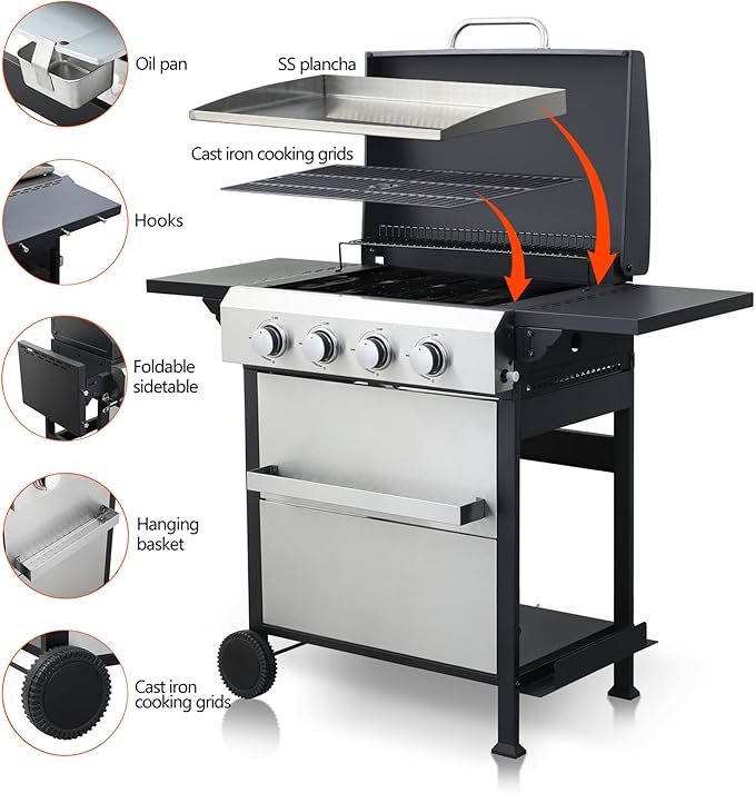 4-Burner Portable Propane Gas Grill with Stainless Steel Plancha Griddle - 49200 BTU Outdoor BBQ Grill with Foldable Side Shelves, Enamel Cooking Grids & Tool Hanging Basket