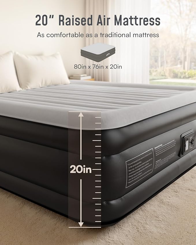 Airefina King Size Air Mattress with Built in Pump, 20 Raised Comfort Inflatable Mattress Upgraded Blow Up Mattress King for Guest Home Temporary, Air Bed, Colchon Inflable