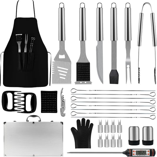 BBQ Accessories Grill Tools - Grilling Gifts for Men Dad, 32Pcs Heavy Duty Stainless Steel Barbecue Grill Accessories for Outdoor Grill with Aluminum Case and Apron, Dad Men Gifts for Christmas