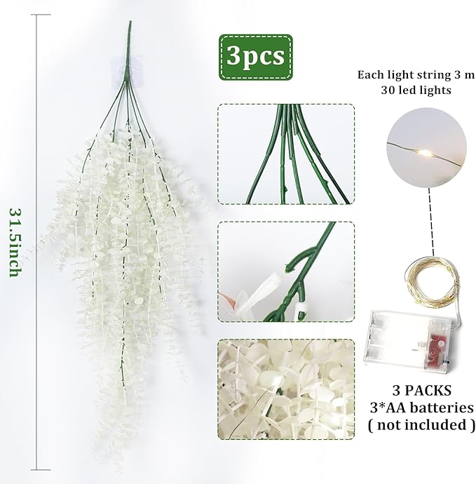 Fake Hanging Plants Artificial Plants Indoor Fake Plant Faux Hanging Plants Indoor Money Plants for Room Wedding Proch Yard Outdoor Home Wall Kitchen Bathroom Indoor Decoration in 3 Pcs(Pure White)