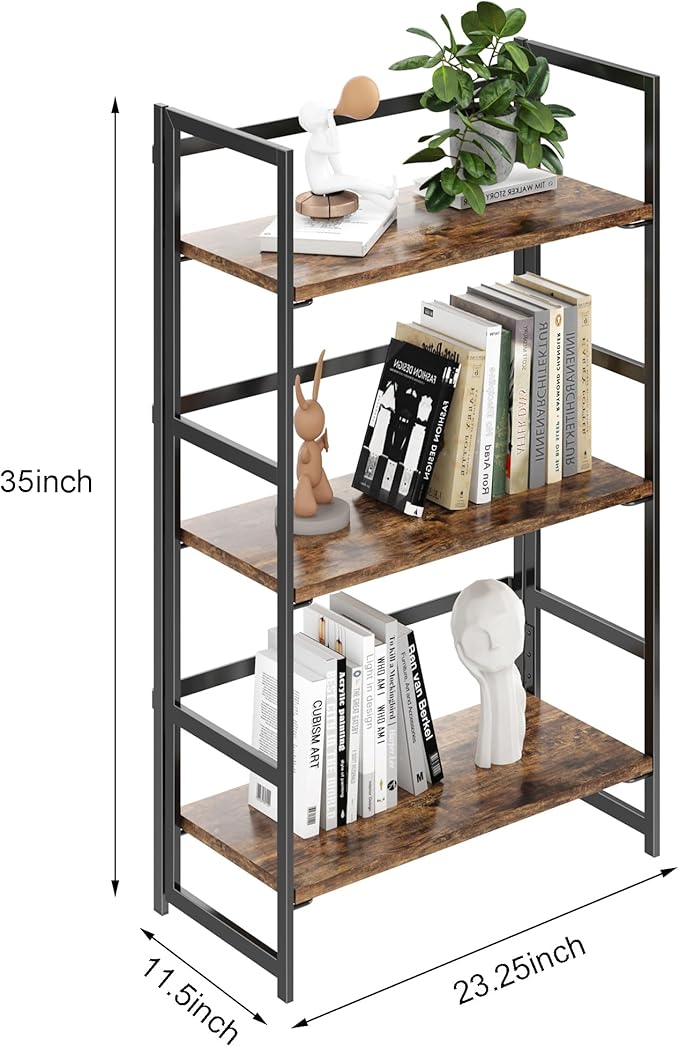 BHG Vintage Multifunctional Folding Bookshelf, No-Assembly Plant Stand Storage Rack Shelves for Home Office (Fire, 3-Tier)