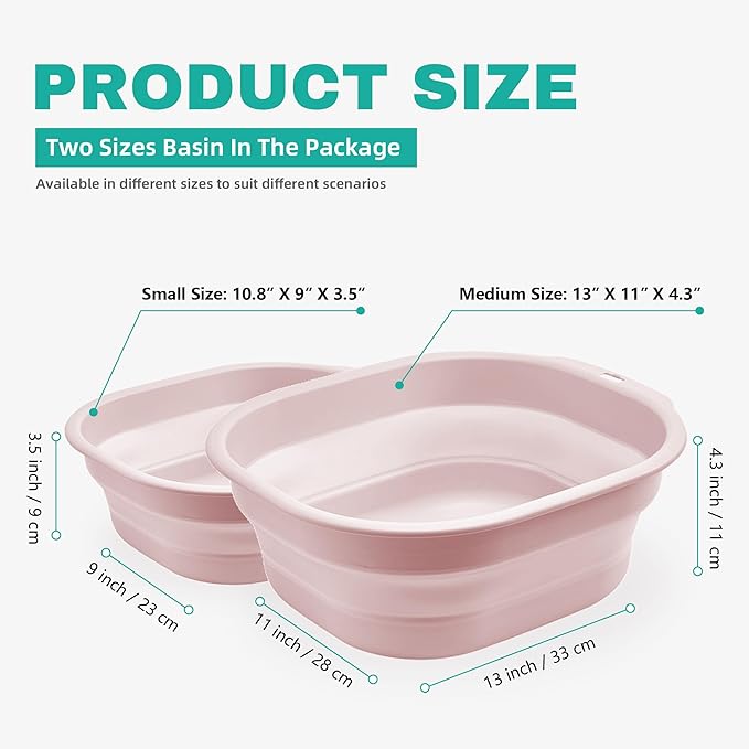 2 Pack Collapsible Wash Basin Set, Foldable Dish Tub, Small Medium Portable Sink for Kitchen, Camping, RV, Baby Bottles, Laundry, Plastic Washbasin -Pink