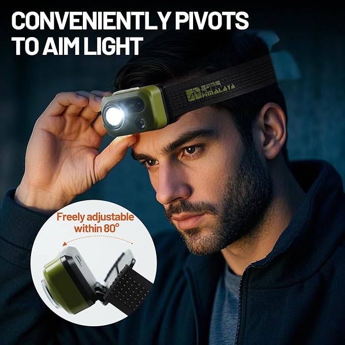 Himalaya LED Headlamp Flashlight, Green Head Lamp with White Red Light, Lightweight Waterproof IPX64 Headlight with Comfortable Headband for Camping Hiking Running Work Travel