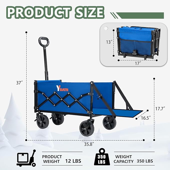 Collapsible Folding Wagon Cart with Tailgate - 300lbs Heavy Duty Foldable Utility Wagon and Brake Wheels - 100L Lightweight Grocery Wagons for Shopping Camping Sports Garden, Blue