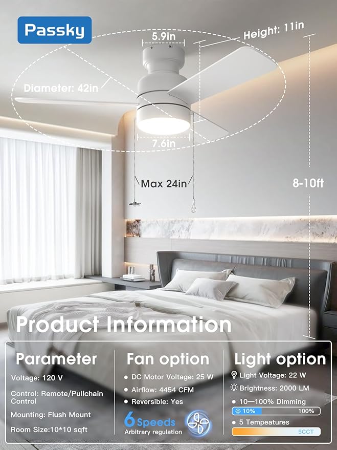 Ceiling Fans with Lights, 42 inch Low Profile Ceiling Fan with Pull Chain and Remote Control, Flush Mount, Reversible, 5CCT, Dimmable, Noiseless, White Pull Cord Ceiling Fan for Bedroom