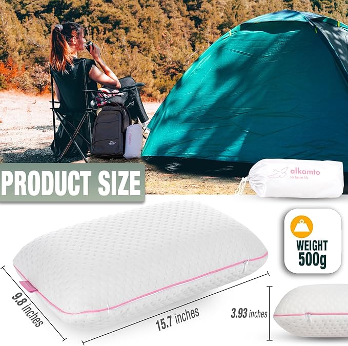 Memory Foam Pillow for Travel and Camping with Extra Cotton Cover – Easy to Carry Portable Bag (Pink)
