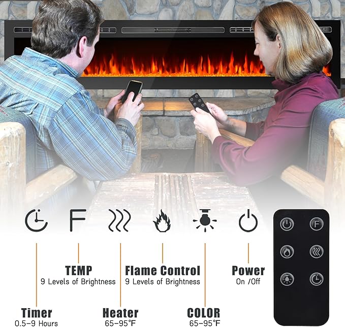 CharaVector 100 inch 750W/1500W Electric Fireplace Inserts with Remote Control in Wall Mounted, Energy Saving LED Insert Fireplace Heater Indoor Glass View with Remote Control & Touch Screen, Black