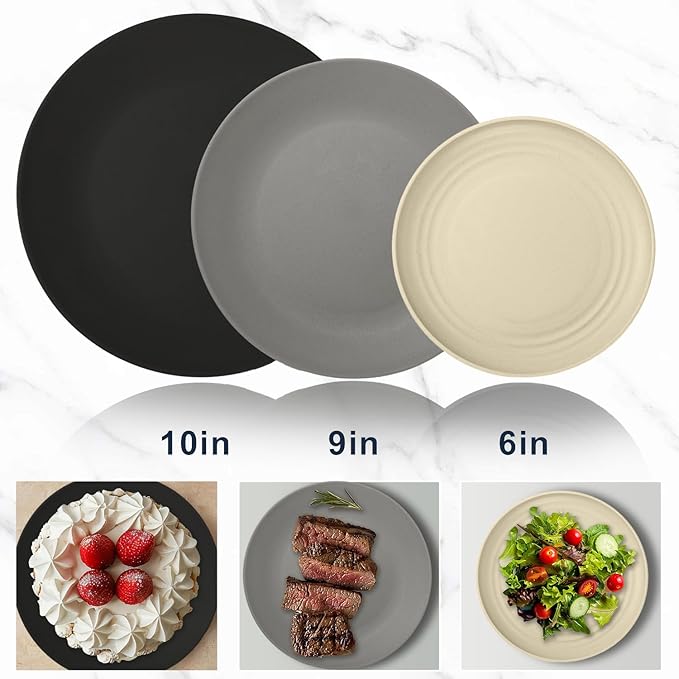 40Pack plates and bowls sets for dinner - Unbreakable wheat straw dinnerware sets service for 8 - Alternative plastic 40pcs dish sets for camping,picnic and R.V. - (Black & Grey)