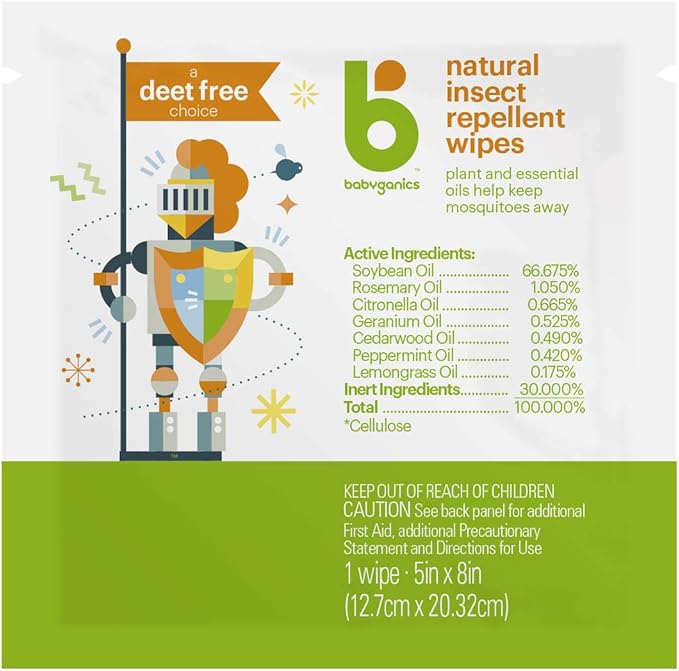 Babyganics DEET Free Travel Size Insect Repellant Wipes | Natural Plant Based, 30 Wipes (2 Packs of 15)
