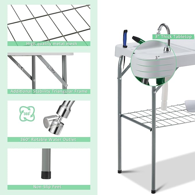 AHB 42" Outdoor Sink Fish Cleaning Table Portable Camping Table with Faucet Hose Hook Up Grid Rack, Fish Fillet Camping Sink Table with 7pc Fish Cleaning Kit for Picnic Beach Patio