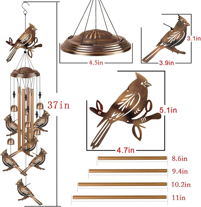 Bronze Cardinal Wind Chimes for Home, Garden, Balconies, Rooms, Patio, Indoor, Outside Decor, Memorial Wind Bell, Retro Wind Catcher, Outdoor Blessing Wind Chime Gifts for Mom, Women, Grandma, Family