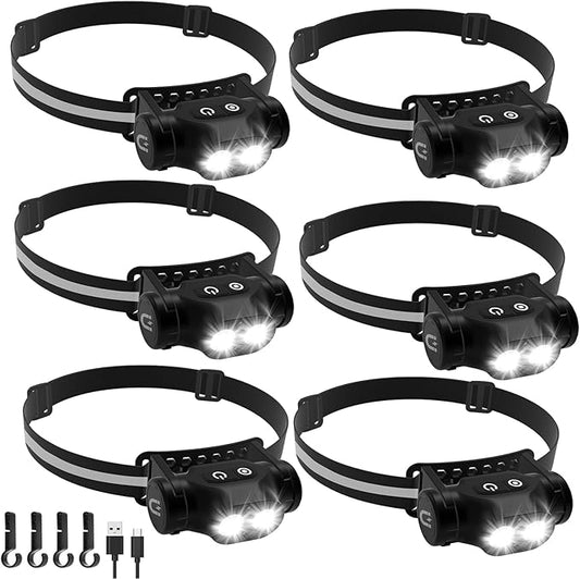 High Lumens Rechargeable Magnetic LED Headlamp for Camping, Hiking, Caving, Fishing, Waterproof Impact-Resistant Bright Head Light with 4 Light Modes, Adjustable Headstrap (6 Pack Magnetic Headlamp)