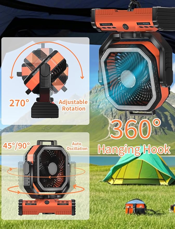 12 Inch Portable Camping Fan, 40000mAh Rechargeable Battery Powered Fan with 4 Speeds Wind and LED Light 140H, Cool & Warm Light and SOS Mode, Auto Oscillating, 360° Rotating Hang Hook(Orange)