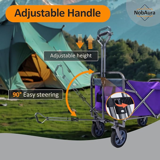 Collapsible Wagon Cart, Large Capacity Utility Foldable Garden Cart, 150 lb Heavy Duty Outdoor Wagon with All-Terrain Wheels, for Camping, Garden,Shopping, Sports, Purple