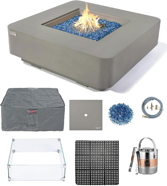 Elementi+ | Bundle Lucerne Gas Fire Pit Cast Concrete 42" Square Fire Table, Outdoor Fire Pit Electronic Ignition | Canvas Cover, Fire Glass and Burner Lid Included | Light Gray | Natural Gas