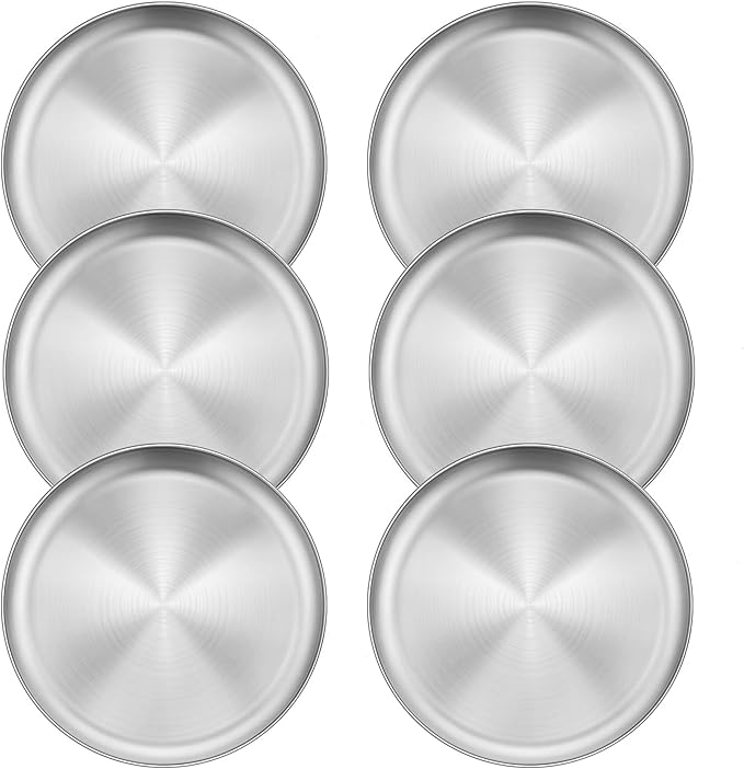 Homikit 6 Pack Stainless Steel Plates, 8 Inch Metal Kids Toddler Dinner Plate Set Non Toxic, 304 Round Camping Plates for Serving Dishes Dessert Salad, Unbreakable & Reusable, Dishwasher Safe