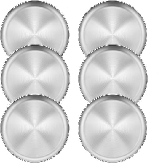 Homikit 6 Pack Stainless Steel Plates, 8 Inch Metal Kids Toddler Dinner Plate Set Non Toxic, 304 Round Camping Plates for Serving Dishes Dessert Salad, Unbreakable & Reusable, Dishwasher Safe
