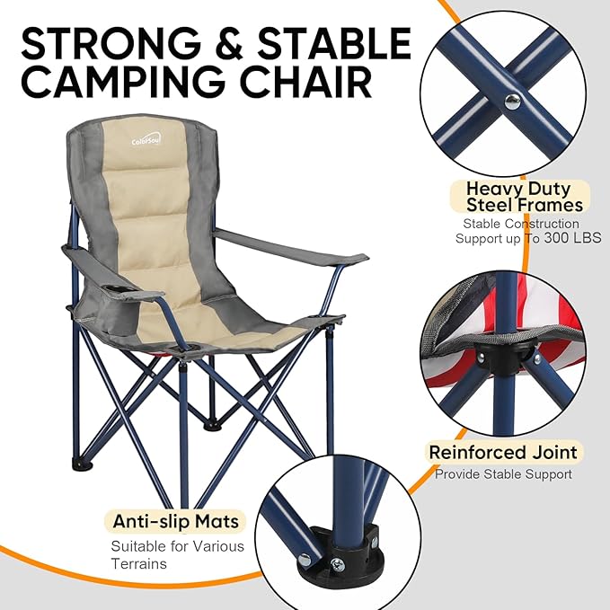 Colorsoul 2 Pack Folding Camping Chairs, Outdoor Lawn Chair Set of 2, Padded Camping Chairs w/Cup Holder & Carry Bag for Sports Garden Beach Terrace, American Flag