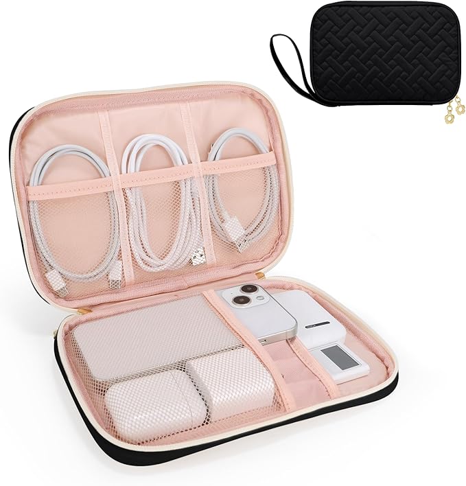 Electronics Organizer Travel Case, Charger Bag Cord Organizer Travel, Compact Tech Pouch Cable Organizer Bag for Charger, Cords, Phone, Headphones, Flash Drive, SD Card (Black, Small-Single Layer)