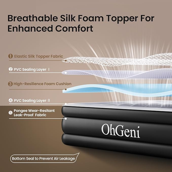 OhGeni 20" Luxury Twin Air Mattress with Built-in Pump, Inflatable Bed with Silk Foam Topper for Superior Comfort, Premium Blow-Up Mattress for Home, Camping & Guests, Easy Setup, Extra Support, Black
