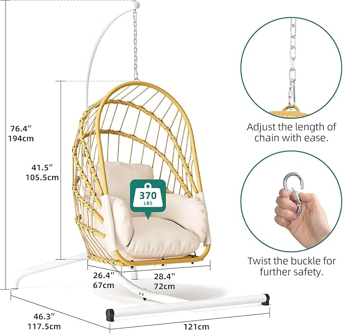YITAHOME Hanging Egg Chair with Stand, Rattan Wicker Swing Egg Chair with Cushion, 370lbs Capacity, Foldable Hanging Basket Chair for Porch, Garden, Bedroom, Balcony - Beige
