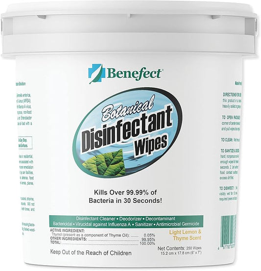 Benefect Botanical Disinfecting Wipes - (250 Wipe Count) Natural, No Residue - Antibacterial Disinfectant, Multi-Surface Cleaning and Sanitizing Wipes