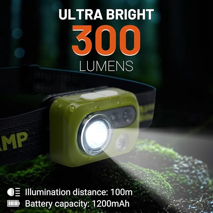 Himalaya LED Headlamp Flashlight, Green Head Lamp with White Red Light, Lightweight Waterproof IPX64 Headlight with Comfortable Headband for Camping Hiking Running Work Travel