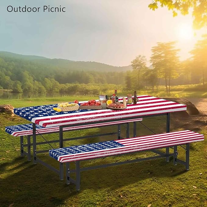 CAPSCEOLL 4Th of July Fitted Picnic Table Cover with Bench Covers 8Ft Waterproof Camping Tablecloth Outdoor Table Protector with Drawstring Bag for Camping Essentials, 96X30In, American Flag