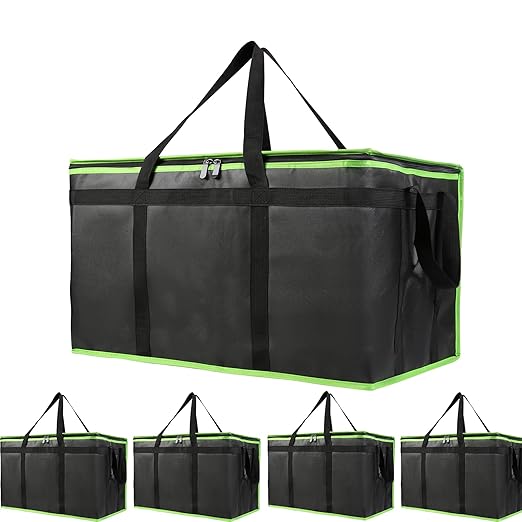 Bodaon 5-Pack Cooler Insulated Food Delivery Bag for Doordash/Uber Eats, XXX-Large Thermal Bags for Catering/Hot Pizza, Travel/Camping/Picnic Basket，Grocery Reusable Warmer Frozen, Black-Green Edge