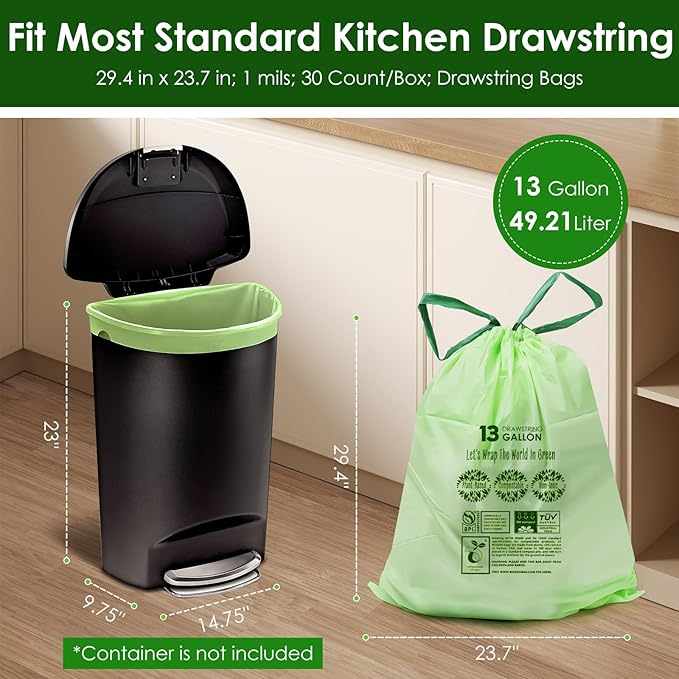 10-13 Gallon Compostable Trash Bags with Drawstring, Heavy Duty Extra Thick 1 Mil, 49.21 Liter, Tear Resistant & Odorless Kitchen Food Scrap Waste Bag, US BPI and OK Compost Home Certified (30 Count)