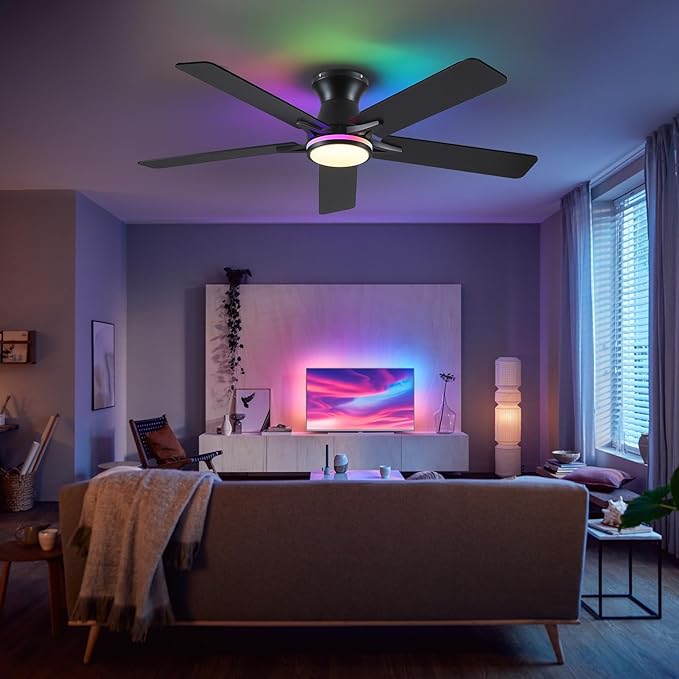 52" RGB Ceiling Fans with Lights and Remote/APP,Black Low Profile Ceiling Fans with Quiet Reversible DC Motor,Modern Flush Mount Ceiling Fan Light for Bedroom Kids Room