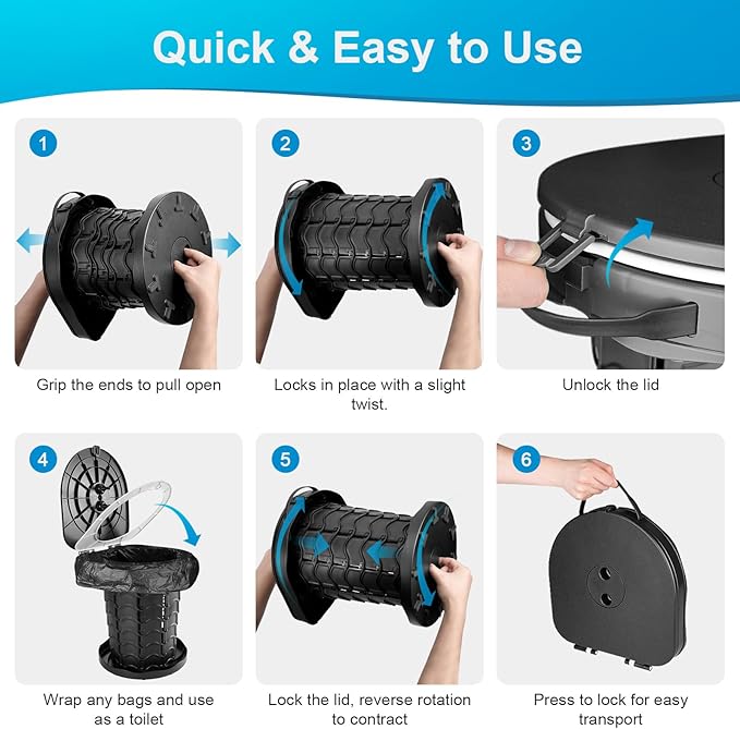 imodomio Retractable Portable Toilet Camping Toilet - Adjustable Height Camp Toilet Portable Potty for Camping, Car, Travel, Boat, Beach, Tent and Emergency Use