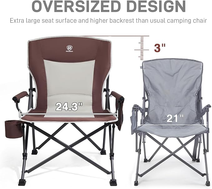 EVER ADVANCED Oversized Folding Camping Chair for Adults, Heavy Duty Lawn Chair with Side Pockets, Portable Collapsible Quad Chair for Outside, Support Up to 500lbs