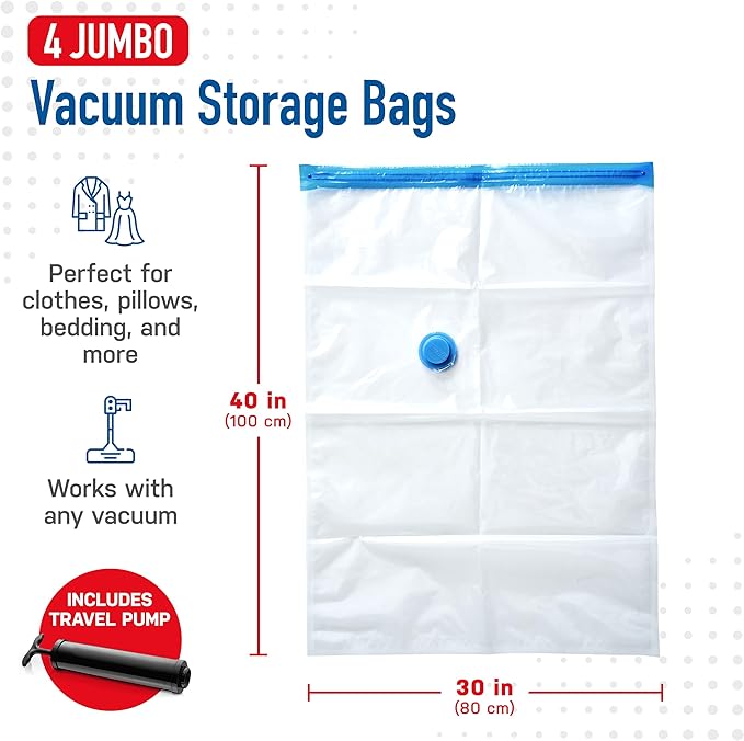 4 Pack Jumbo Vacuum Storage Bags for Comforters, Blankets & Clothes – Jumbo Vacuum Sealed Compression Bags with Hand Pump – Space Saver Storage Bags for Bedding, Moving, Travel & Organization